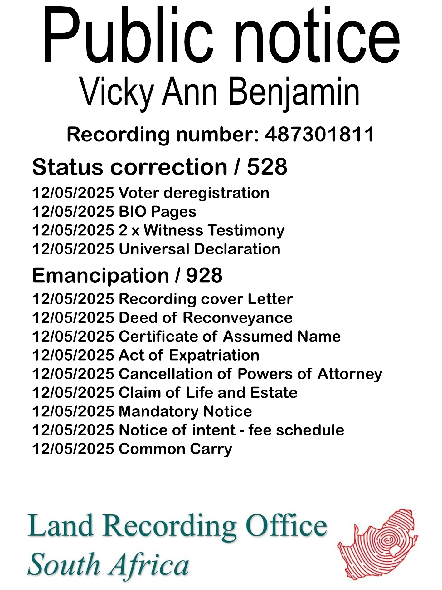 Public Notice Vicky Ann Benjamin (c) Recording number 487301811